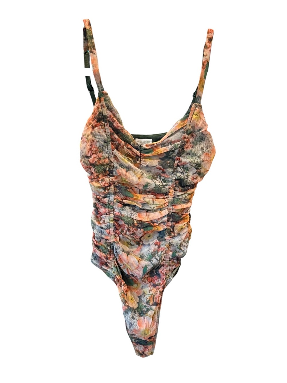 Out From Under Urban Outfitters Ruched Floral Mesh Bodysuit Sweetheart Small
